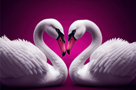 Two white swans Valentine love heart kiss on a magenta background, landscape, generated ai art