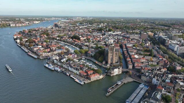 Dordrecht, the fifth municipality of the Dutch province of South Holland. The Netherlands. River Oude Maas, part of the Drechtsteden. Aerial drone overhead.
