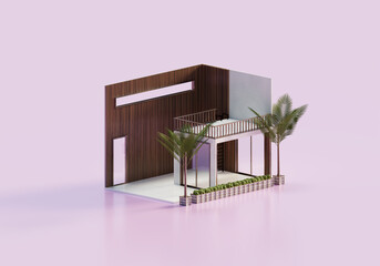3D Rendering Empty Interior Room Design In Isometric View