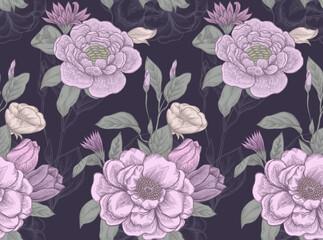 Pink roses and peonies. Chic floral print. Vintage flowers. Vector seamless pattern. - 559007753