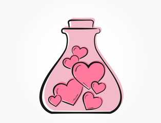 pink flask with hearts. romantic, philtre and love potion symbol. hand drawn valentine's day design