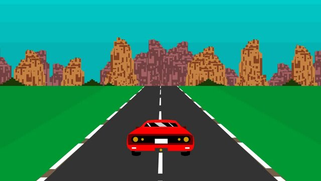 Animated video of old racing car game in 8-bit style, arcade, pixel, art, 2d.