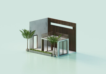 3D Rendering Empty Interior Room Design In Isometric View