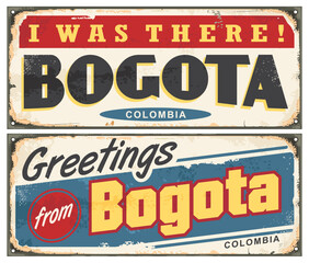 Bogota Colombia vintage metal sign design. Retro greeting card idea from Bogota. Travel destinations vector illustration.