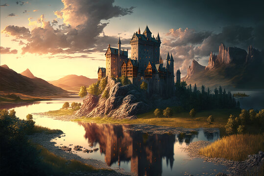 Castle by river at sunset, nice landscape in summer, generative AI