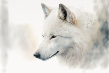 Beautiful artistic watercolor of a isolated white alpha wolf portrait, on white background.  This illustration is created with digital art.