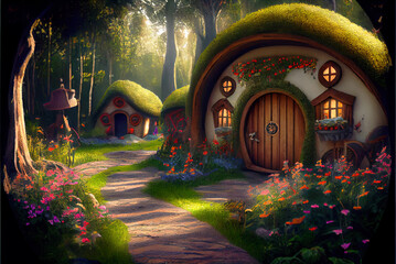 Wood houses in fantasy forest, fairy tale village in summer - obrazy, fototapety, plakaty