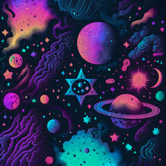 Obraz na płótnie Canvas Dark pastel galaxy themed print pattern illustration, granular texture Generative AI