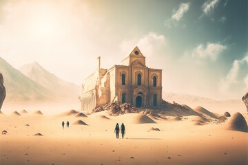 People walk through the desert to a mysterious building