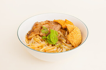 Cao Lau Hoi An, Vietnamese rice noodle with pork, Vietnamese food isolated on white background, close-up