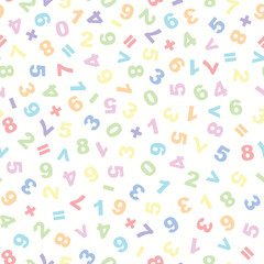 Math themed seamless vector pattern, pastel numbers and arithmetic symbols on white background