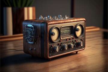 World radio day.Wooden vintage radio on the table.Created with generative ai