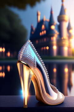 Beautiful closeup of avery elegant high heel shoe lost outside the fantasy castle. illustration, generative ai,
