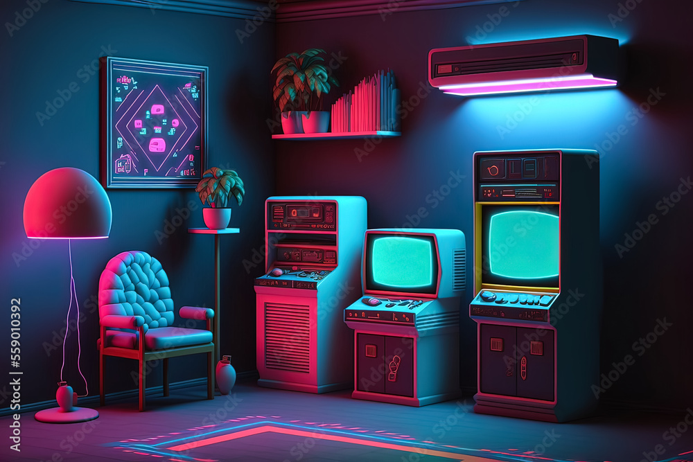 Wall mural awesome gaming setup from the 80-s. retro gaming concept. vintage retro room for entertainment. grea