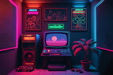Awesome gaming setup from the 80-s. Retro gaming concept. Vintage retro room for entertainment. Greatest interior ever. Generative AI.