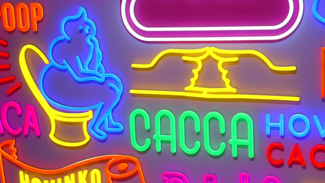 This video shows a close up panning of neon "poop" art in different languages.