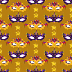 Mardi Gras Masquerade Mask seamless pattern. Purple carnival masks on borange brown. 