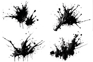 4 Ink paint splash brushes. Black inked splatter paint splattered spray splash. Spray paint isolated on White Background. Drips black ink splatters, Ink blots set.