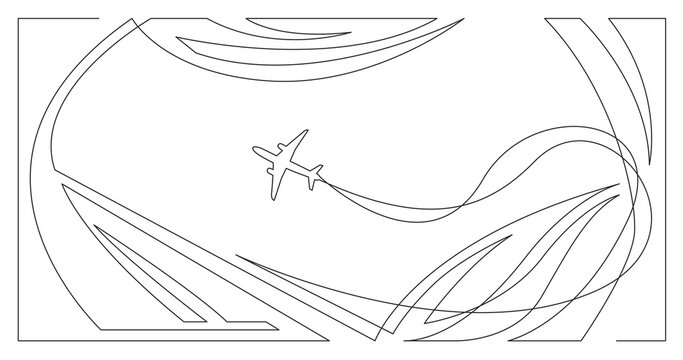 abstract futuristic buildings with airplane in sky - single line PNG image with transparent background