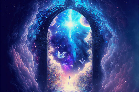 ai generative illustration of a giant gate to heaven with wonderful sky, fantasy art