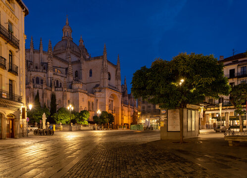 Downtown Segovia at Night with the Cathedral in the background