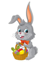 happy easter rabbit with basket full of eggs isolated illustration for children