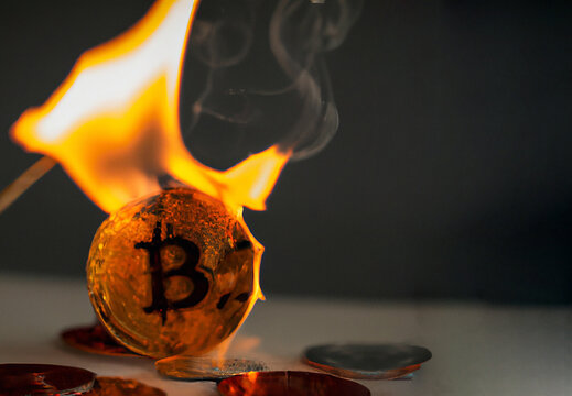 illustrazione creata con intelligenza artificiale di moneta di criptovaluta simil bitcoin che viene bruciata, concetto di crollo delle criptovalute e dei mercati cripto