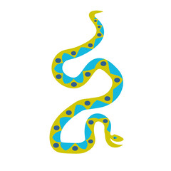 Wavy ornamental green snakes in cartoon flat style on white background. Cute animal perfect for decor of children baby room, textiles print, fabric, sticker, package, clip art. 