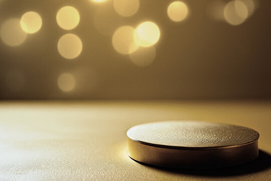 Golden background with table and plade with bokeh depth of field