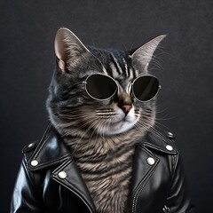 Portrait of a macho cat wearing a black leather jacket and stylish black sunglasses. Posing as a motorcyclist model. Artistic digital painting. Professional studio shooting. Generative ai illustration - obrazy, fototapety, plakaty