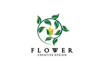 Flower vector illustration logo design with round frame concept