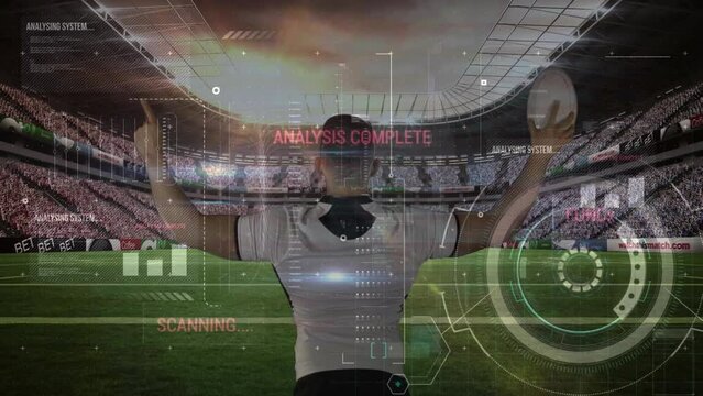 Animation of data processing over caucasian rugby player at stadium