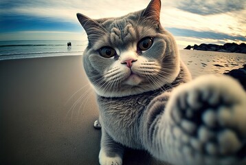 illustration of fish eye lens perspective style, a cat looking at camera, look like a funny cat is taking selfie shot
 - obrazy, fototapety, plakaty
