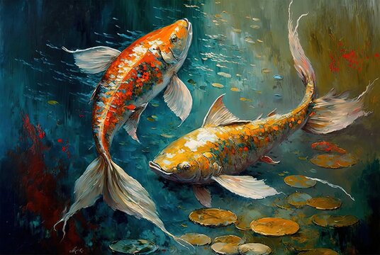 Woman Koi Fish Print, Oil Painting Print, Meditation Art, Koi Fish