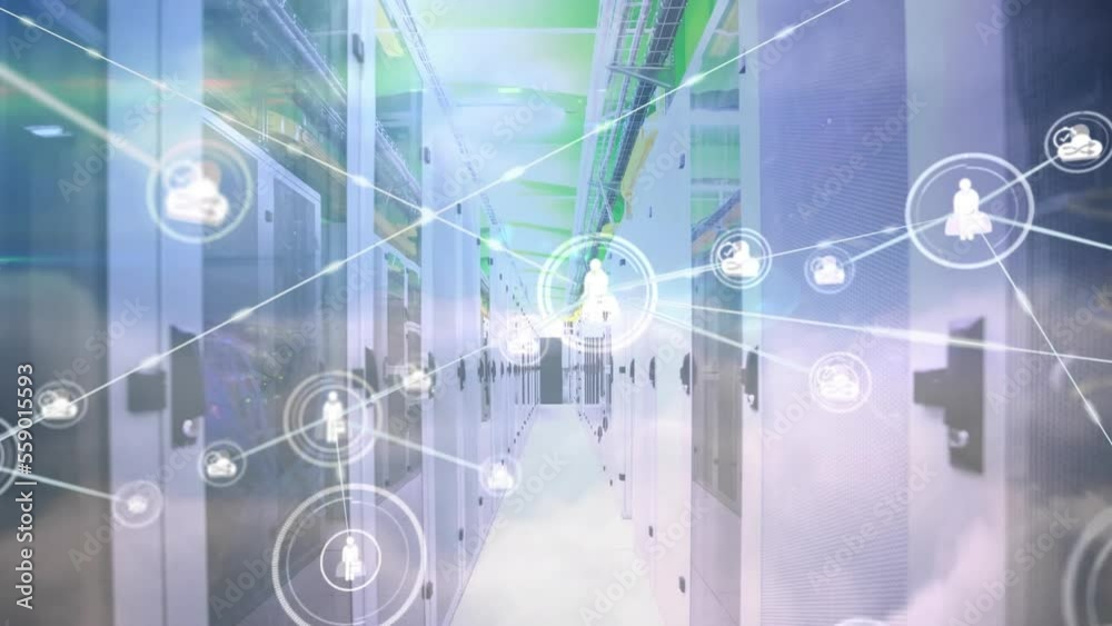 Poster animation of icons connected with lines and foggy clouds over server room in background