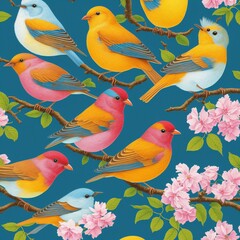 beautiful seamless pattern with birds and flowers, ai
