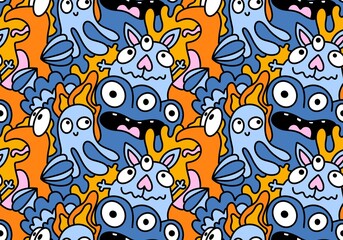 Naklejka na ściany i meble Cartoon doodle monsters seamless aliens and animals pattern for wrapping paper and fabrics and kids clothes