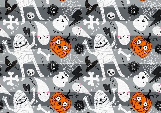 Halloween mummy and pumpkins seamless ghost and bones and skulls and monsters pattern for wrapping paper