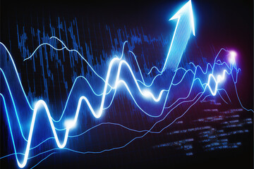 Market graph going up, blue neon lights, abstract illustration
