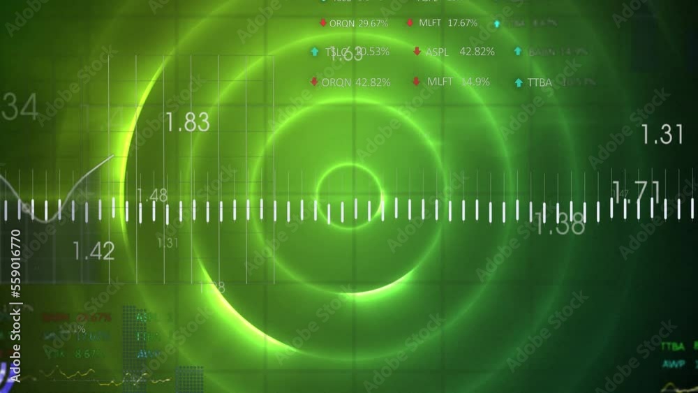 Poster animation of multiple graphs and trading board with increasing numbers over green circular pattern