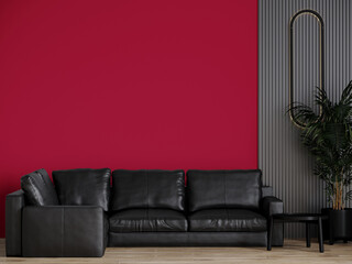 Livingroom in trend viva magenta color 2023 year. A bright wall accent paint background. Crimson, burgundy, maroon shades of room interior design. Gray dark black luxury furniture sofa. 3d render 