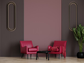 Viva magenta is a trend color year 2023 in luxury living lounge or reception. Crimson red burgundy colour chairs and wall dusty pink accent background. Modern room design interior home.  3d render 