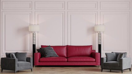 Viva magenta trend color year 2023 in the rich luxury interior livingroom. Painted mockup wall for art - white classical background. Premium lounge room design home. Office or reception. 3d render 