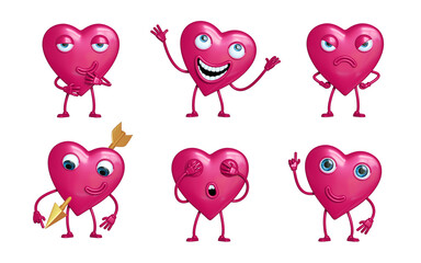 3d rendering, pink heart toys. Valentine's day clip art isolated on white background. Cartoon character with facial emotions and different poses