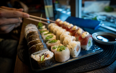 A set of rolls in a Japanese restaurant