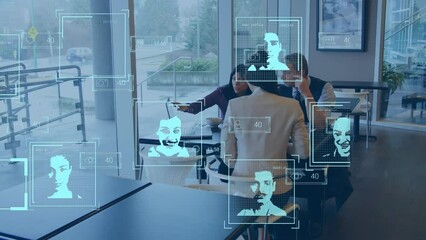 Animation of digital portrait of people and icons over diverse coworkers discussing reports - Powered by Adobe