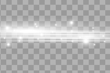 White horizontal lens flares pack. Laser beams, horizontal light rays.Beautiful light flares. Glowing streaks on dark background. Luminous abstract sparkling lined background.