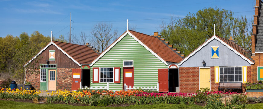 Colorful Dutch style shops at Windmill island gardens in Holland, Michigan.