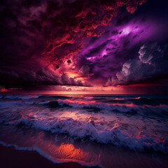Fototapeta na wymiar gloomy purple sunset on the beach. High quality illustration