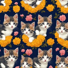 beautifull seamless pattern with cats and flowers, ai